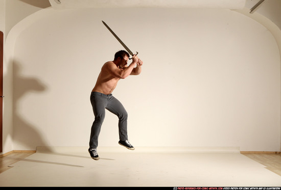 Man Adult Muscular White Fighting with sword Moving poses Casual