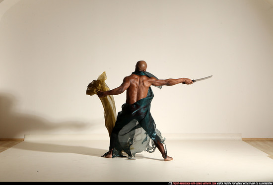 Man Adult Athletic Black Fighting with sword Moving poses Army