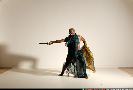 Man Adult Athletic Black Fighting with sword Moving poses Army