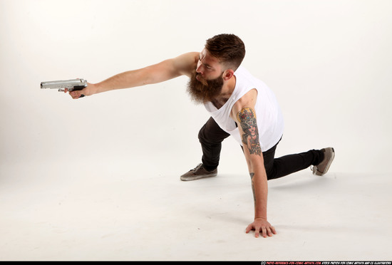 Man Adult Athletic White Fighting with gun Laying poses Casual