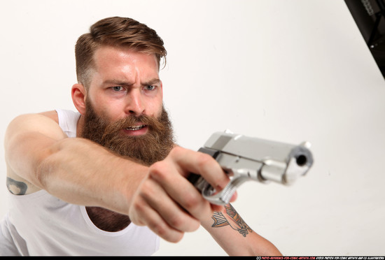 Man Adult Athletic White Fighting with gun Laying poses Casual