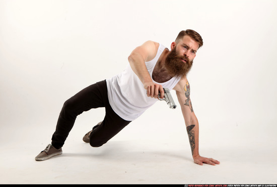 Man Adult Athletic White Fighting with gun Laying poses Casual