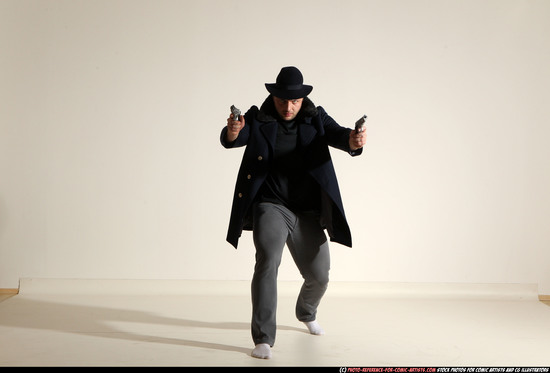 Man Adult Athletic White Fighting with gun Moving poses Coat