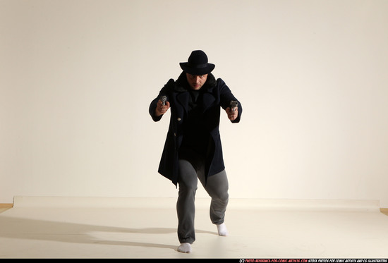 Man Adult Athletic White Fighting with gun Moving poses Coat