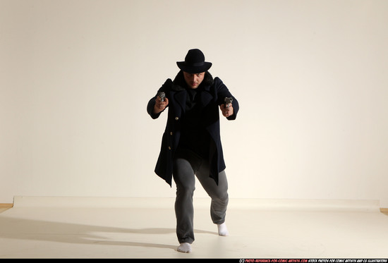 Man Adult Athletic White Fighting with gun Moving poses Coat