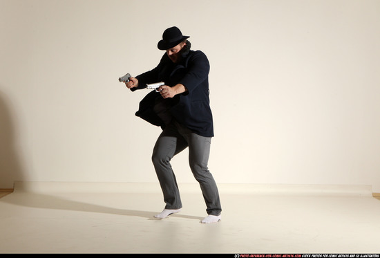 Man Adult Athletic White Fighting with gun Moving poses Coat