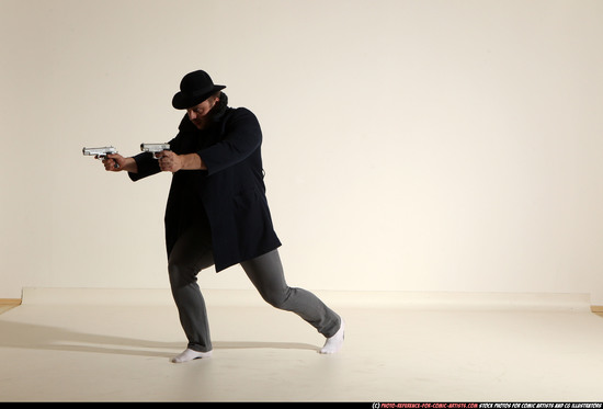 Man Adult Athletic White Fighting with gun Moving poses Coat