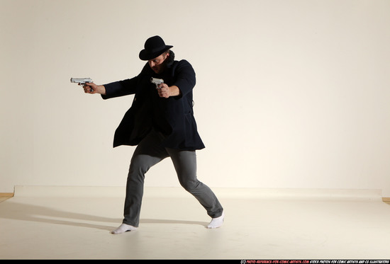 Man Adult Athletic White Fighting with gun Moving poses Coat