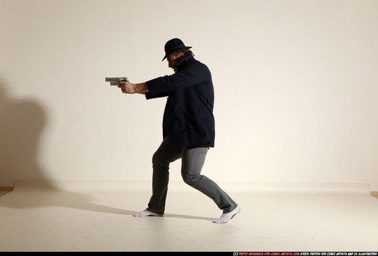 Man Adult Athletic White Fighting with gun Moving poses Coat