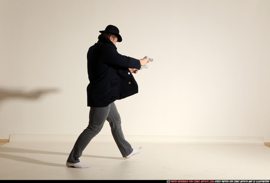 Man Adult Athletic White Fighting with gun Moving poses Coat