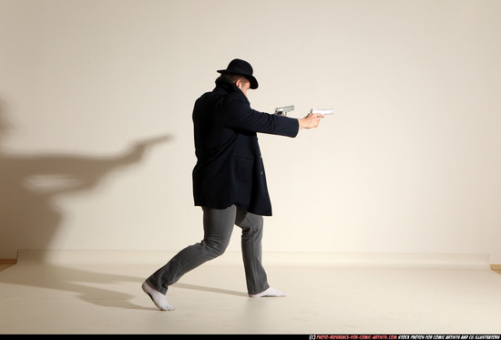 Man Adult Athletic White Fighting with gun Moving poses Coat