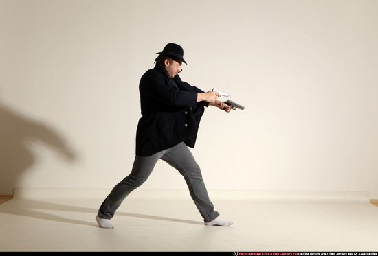 Man Adult Athletic White Fighting with gun Moving poses Coat