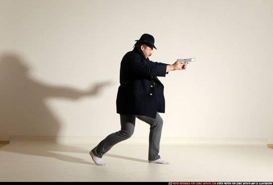 Man Adult Athletic White Fighting with gun Moving poses Coat