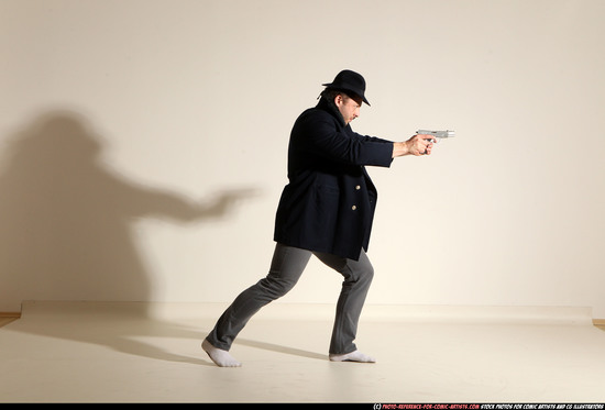 Man Adult Athletic White Fighting with gun Moving poses Coat