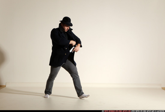 Man Adult Athletic White Fighting with gun Moving poses Coat