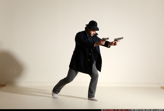 Man Adult Athletic White Fighting with gun Moving poses Coat