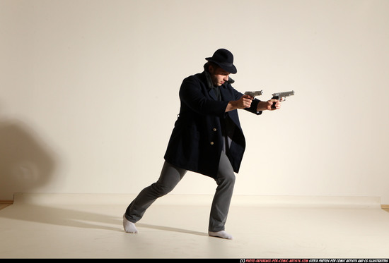 Man Adult Athletic White Fighting with gun Moving poses Coat