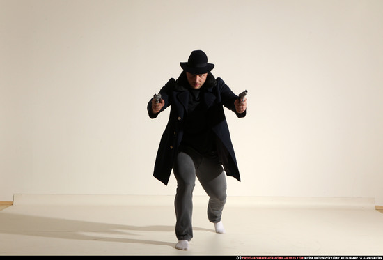 Man Adult Athletic White Fighting with gun Moving poses Coat