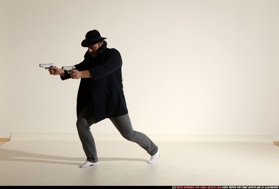 Man Adult Athletic White Fighting with gun Moving poses Coat