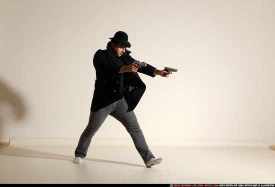 Man Adult Athletic White Fighting with gun Moving poses Coat