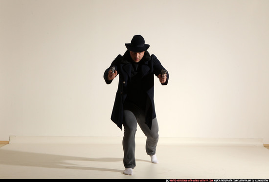 Man Adult Athletic White Fighting with gun Moving poses Coat