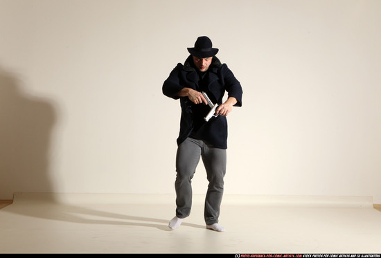 Man Adult Athletic White Fighting with gun Moving poses Coat