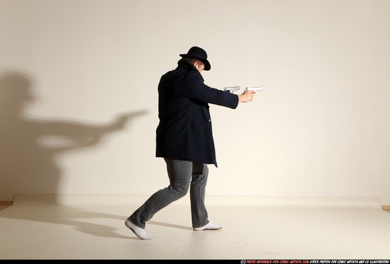 Man Adult Athletic White Fighting with gun Moving poses Coat