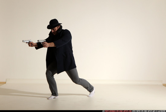 Man Adult Athletic White Fighting with gun Moving poses Coat