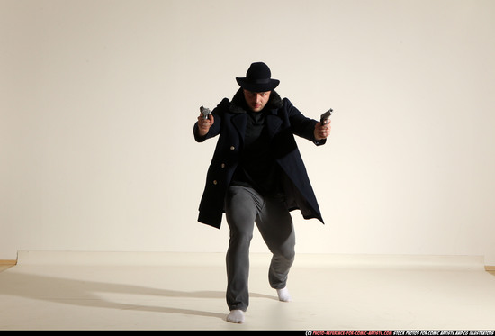 Man Adult Athletic White Fighting with gun Moving poses Coat