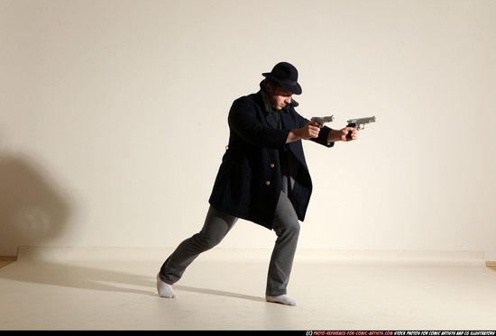 Man Adult Athletic White Fighting with gun Moving poses Coat