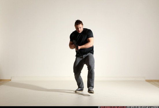 Man Adult Muscular White Fighting with submachine gun Moving poses Casual