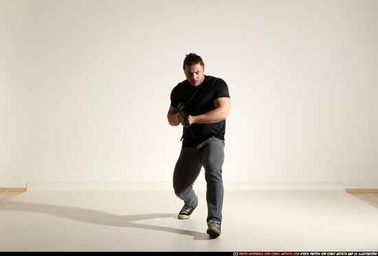 Man Adult Muscular White Fighting with submachine gun Moving poses Casual