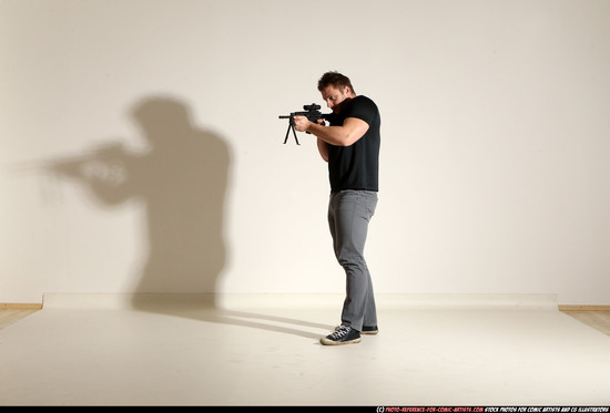 Man Adult Muscular White Fighting with submachine gun Moving poses Casual