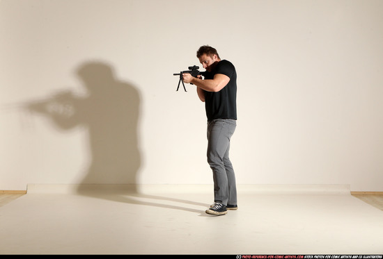 Man Adult Muscular White Fighting with submachine gun Moving poses Casual