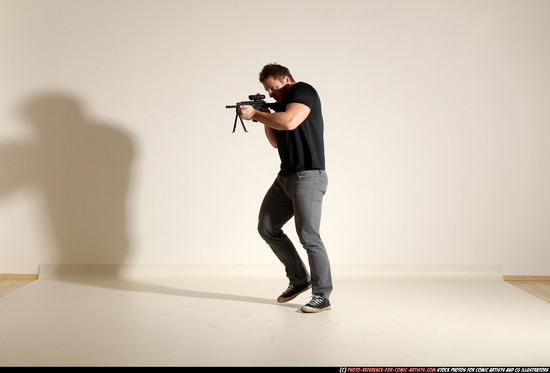 Man Adult Muscular White Fighting with submachine gun Moving poses Casual