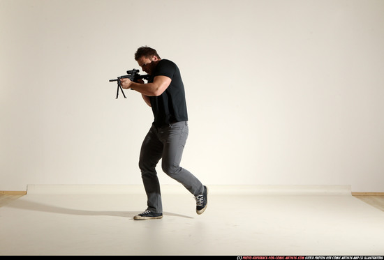 Man Adult Muscular White Fighting with submachine gun Moving poses Casual