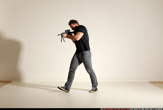 Man Adult Muscular White Fighting with submachine gun Moving poses Casual