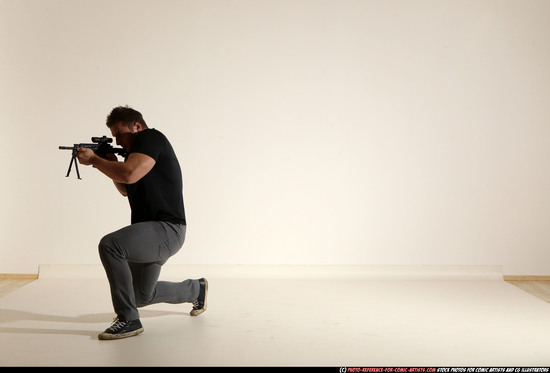 Man Adult Muscular White Fighting with submachine gun Moving poses Casual