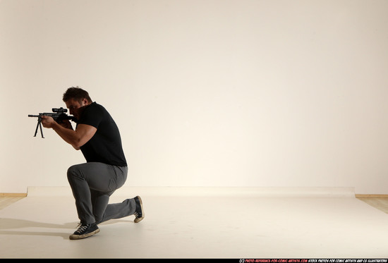 Man Adult Muscular White Fighting with submachine gun Moving poses Casual