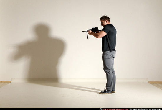 Man Adult Muscular White Fighting with submachine gun Moving poses Casual