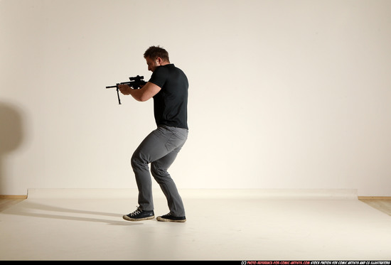 Man Adult Muscular White Fighting with submachine gun Moving poses Casual