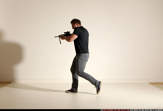 Man Adult Muscular White Fighting with submachine gun Moving poses Casual