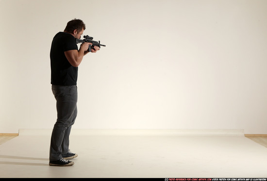 Man Adult Muscular White Fighting with submachine gun Moving poses Casual