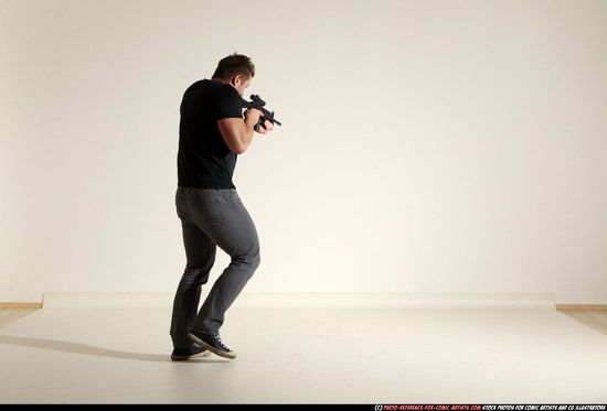 Man Adult Muscular White Fighting with submachine gun Moving poses Casual