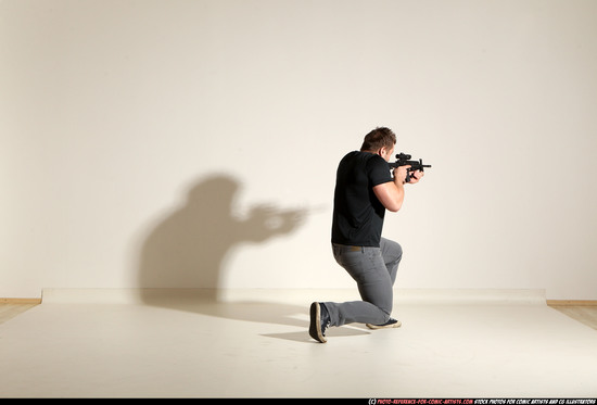 Man Adult Muscular White Fighting with submachine gun Moving poses Casual