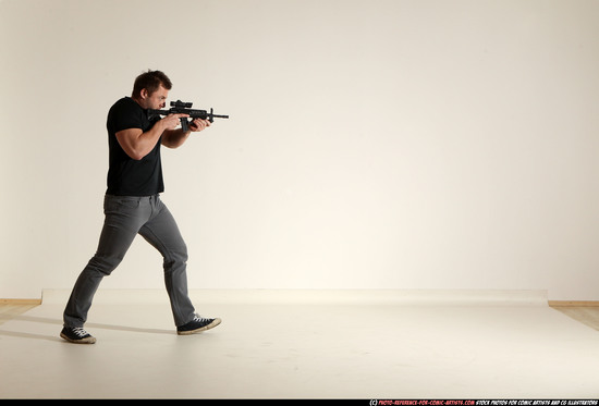 Man Adult Muscular White Fighting with submachine gun Moving poses Casual