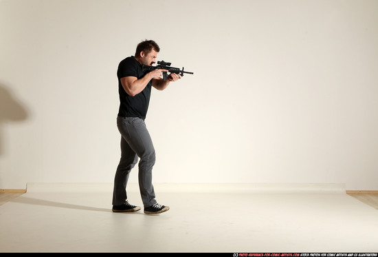 Man Adult Muscular White Fighting with submachine gun Moving poses Casual