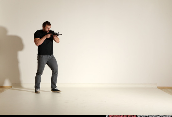 Man Adult Muscular White Fighting with submachine gun Moving poses Casual