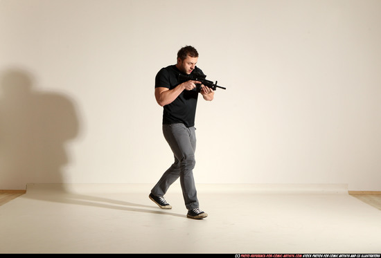 Man Adult Muscular White Fighting with submachine gun Moving poses Casual