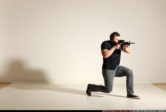 Man Adult Muscular White Fighting with submachine gun Moving poses Casual